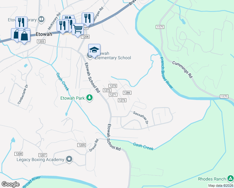 map of restaurants, bars, coffee shops, grocery stores, and more near 21 West Silverleaf Drive in Hendersonville
