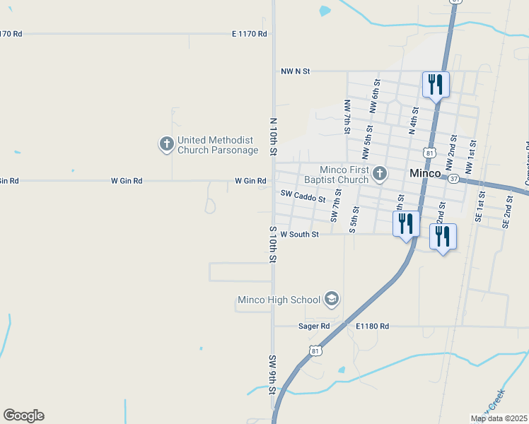 map of restaurants, bars, coffee shops, grocery stores, and more near 1004 Choctaw Street in Minco