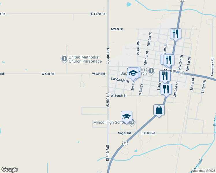map of restaurants, bars, coffee shops, grocery stores, and more near 1004 Choctaw Street in Minco