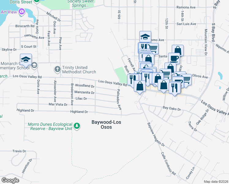 map of restaurants, bars, coffee shops, grocery stores, and more near 773 Woodland Drive in Baywood-Los Osos