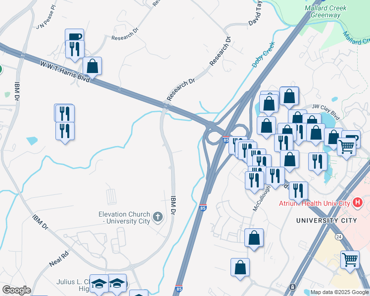 map of restaurants, bars, coffee shops, grocery stores, and more near West W T Harris Boulevard in Charlotte