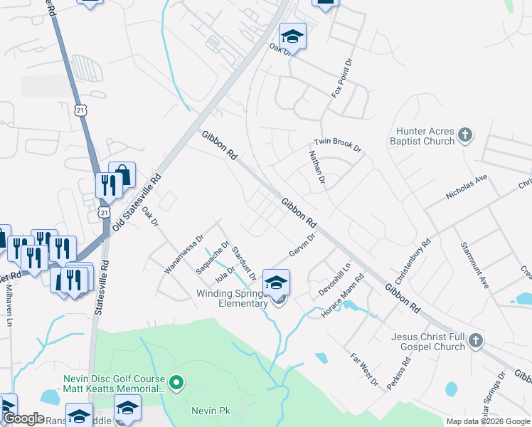 map of restaurants, bars, coffee shops, grocery stores, and more near 4411 Gibbon Road in Charlotte