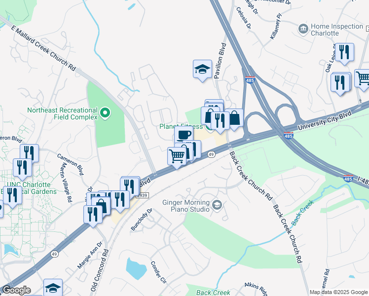 map of restaurants, bars, coffee shops, grocery stores, and more near 10039 University City Boulevard in Charlotte