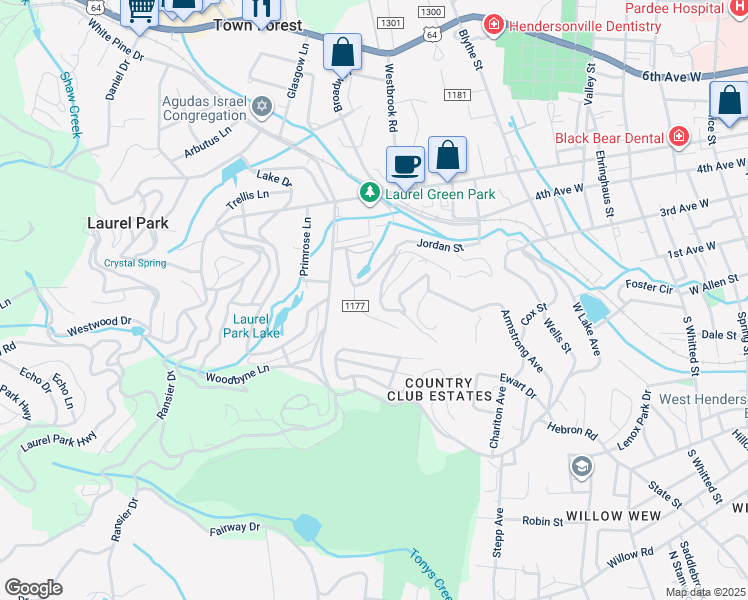 map of restaurants, bars, coffee shops, grocery stores, and more near 128 Seneca Boulevard in Hendersonville