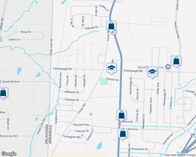 map of restaurants, bars, coffee shops, grocery stores, and more near 7720 Texas Road in Fort Smith