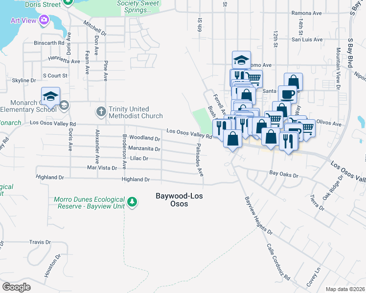 map of restaurants, bars, coffee shops, grocery stores, and more near 749 Woodland Drive in Baywood-Los Osos