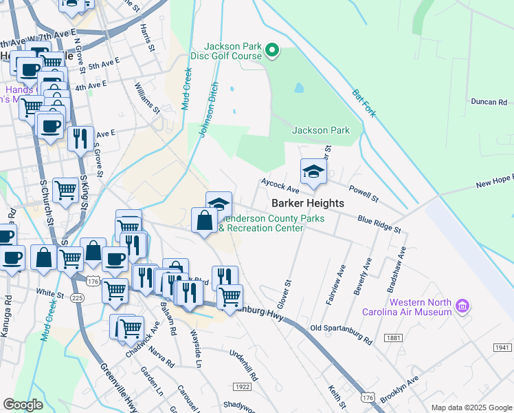 map of restaurants, bars, coffee shops, grocery stores, and more near 402 Young Street in Hendersonville