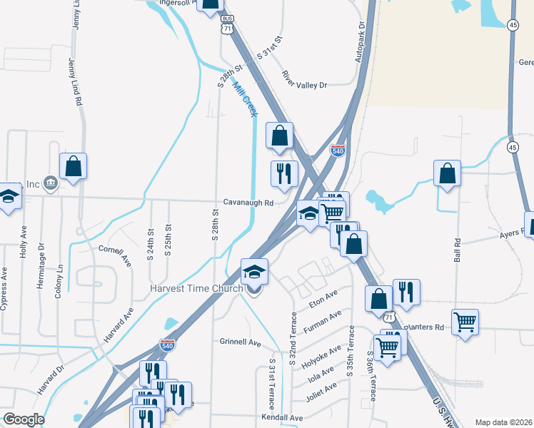 map of restaurants, bars, coffee shops, grocery stores, and more near 3100 Cavanaugh Road in Fort Smith