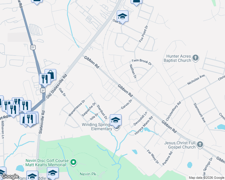 map of restaurants, bars, coffee shops, grocery stores, and more near 4411 Gibbon Road in Charlotte