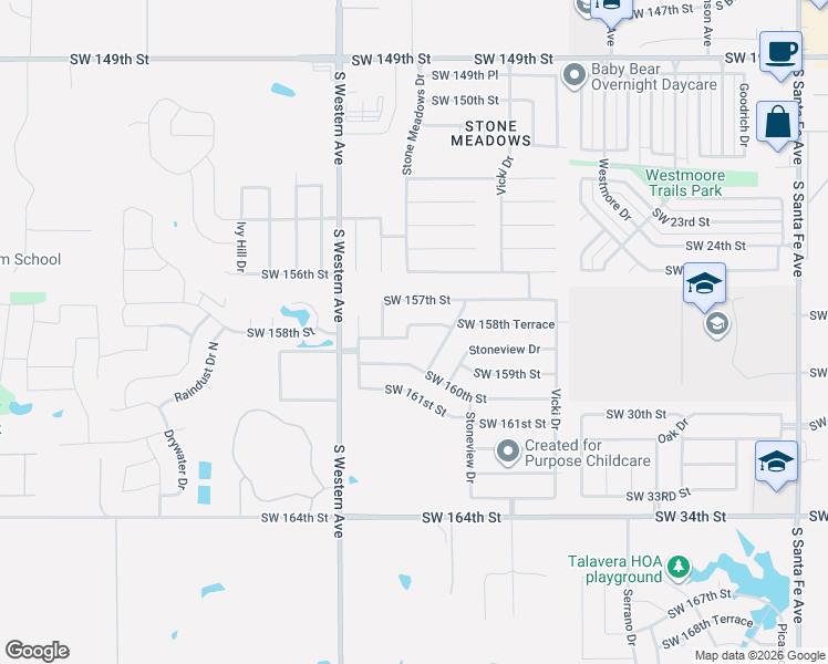 map of restaurants, bars, coffee shops, grocery stores, and more near 725 Southwest 158th Terrace in Oklahoma City