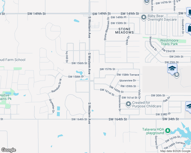 map of restaurants, bars, coffee shops, grocery stores, and more near 15821 Sandstone Terrace in Oklahoma City