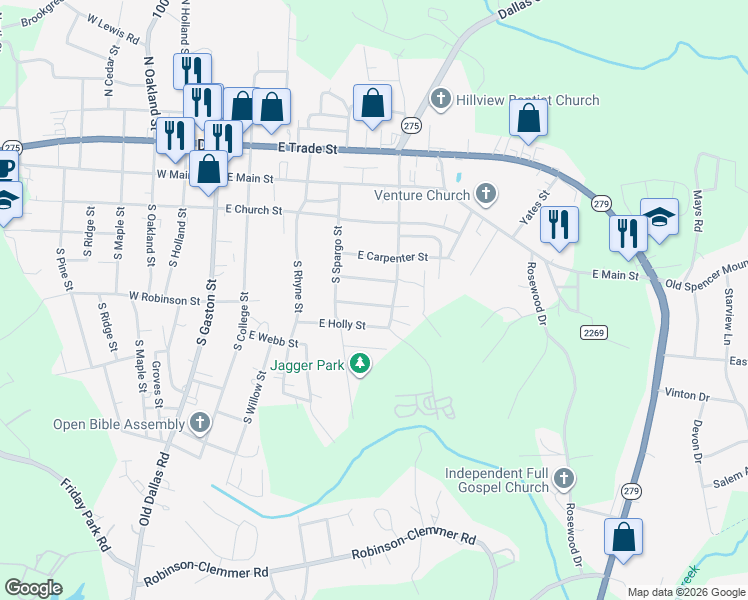 map of restaurants, bars, coffee shops, grocery stores, and more near 513 East Peachtree Street in Dallas