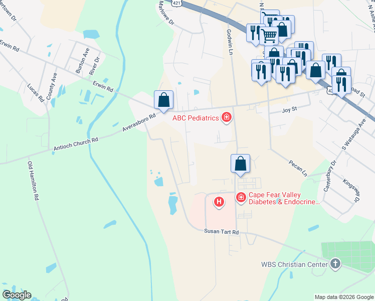 map of restaurants, bars, coffee shops, grocery stores, and more near 100 Bruce Drive in Dunn