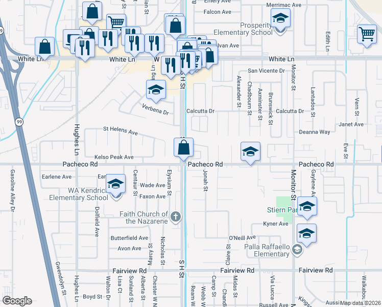 map of restaurants, bars, coffee shops, grocery stores, and more near 1500 Pacheco Road in Bakersfield