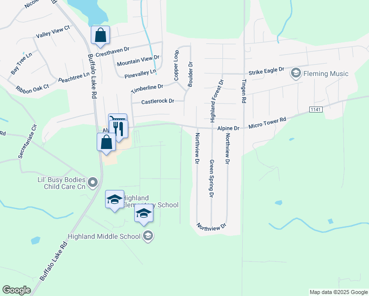 map of restaurants, bars, coffee shops, grocery stores, and more near Hillwood Street in Sanford