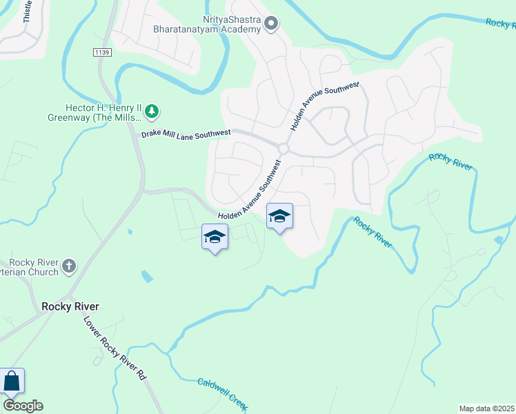 map of restaurants, bars, coffee shops, grocery stores, and more near Mill Creek Lane Southwest in Concord