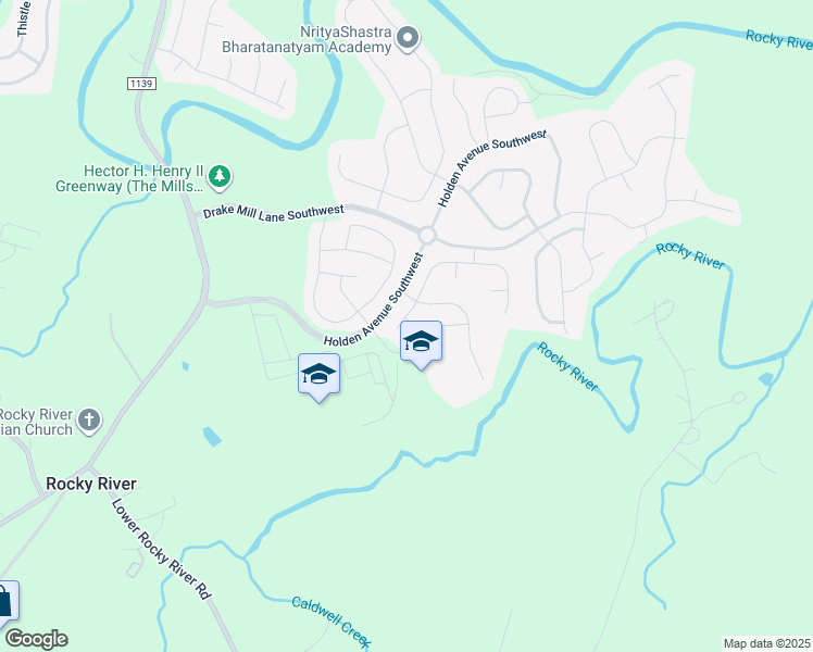 map of restaurants, bars, coffee shops, grocery stores, and more near 1676 Mill Creek Lane Southwest in Concord