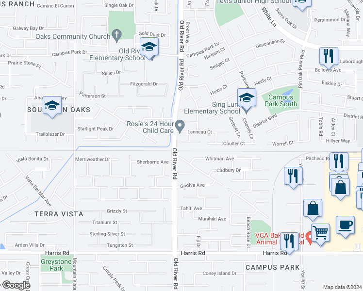 map of restaurants, bars, coffee shops, grocery stores, and more near 9619 Shoreham Court in Bakersfield