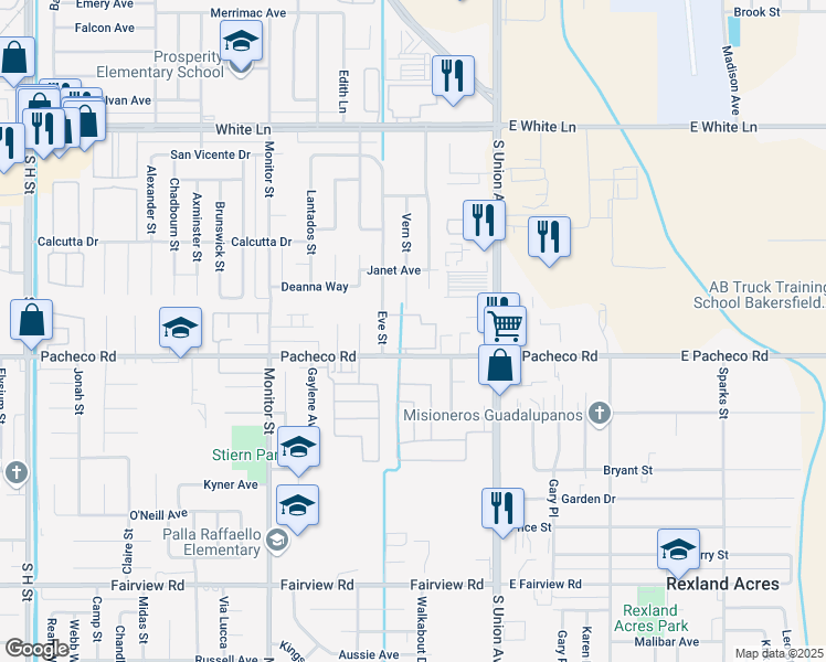 map of restaurants, bars, coffee shops, grocery stores, and more near 4721 Eve Street in Bakersfield