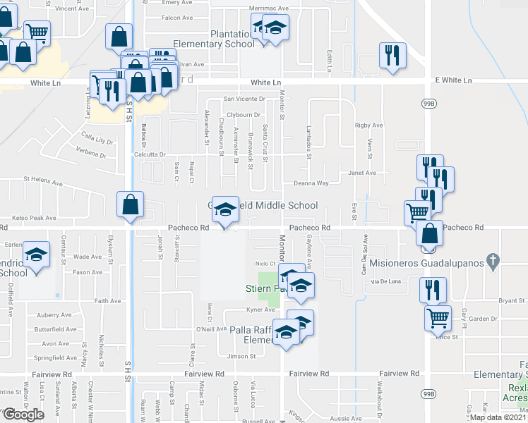 map of restaurants, bars, coffee shops, grocery stores, and more near 31 Monitor Street in Bakersfield