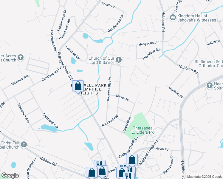 map of restaurants, bars, coffee shops, grocery stores, and more near 6601 Rockwell Boulevard in Charlotte