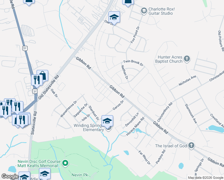 map of restaurants, bars, coffee shops, grocery stores, and more near 4432 Gibbon Road in Charlotte