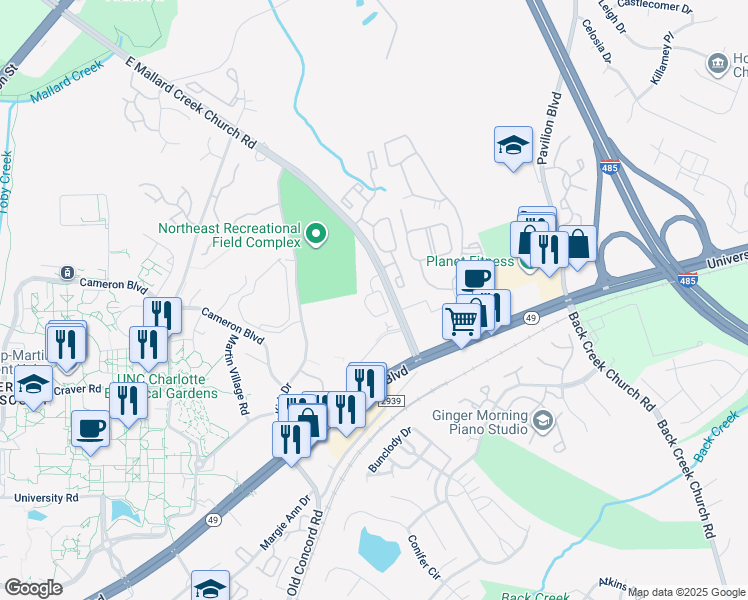 map of restaurants, bars, coffee shops, grocery stores, and more near 1201 Campus Pointe Court in Charlotte