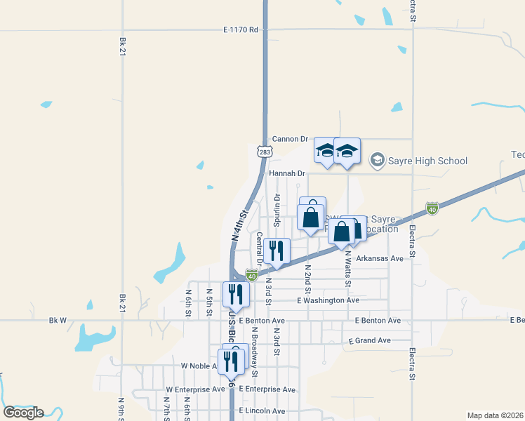map of restaurants, bars, coffee shops, grocery stores, and more near 403 Spurlin Drive in Sayre