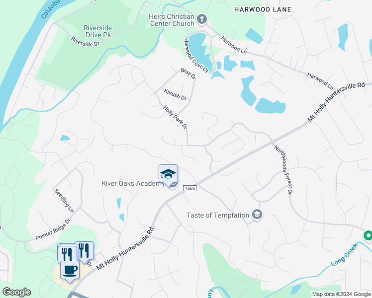 map of restaurants, bars, coffee shops, grocery stores, and more near 11503 Northwoods Forest Drive in Charlotte