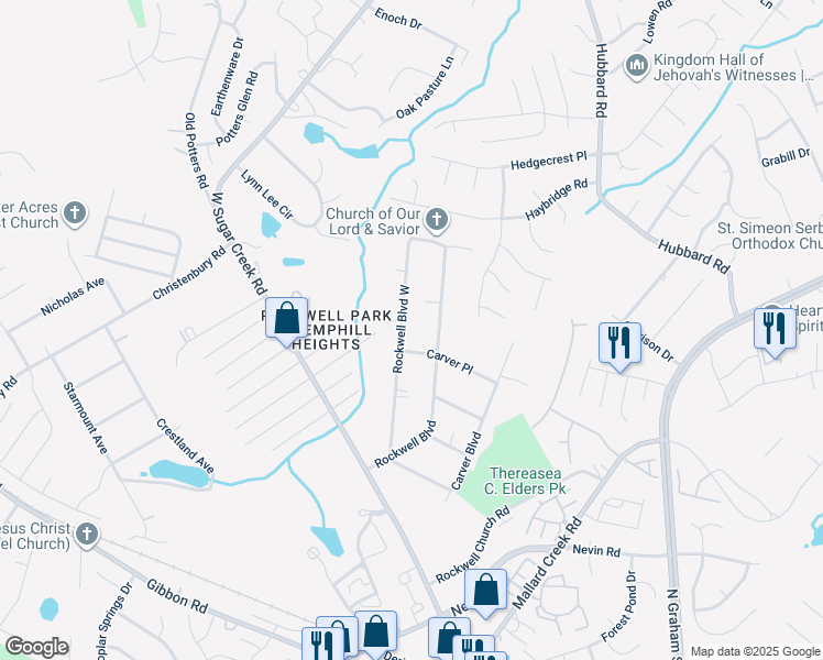 map of restaurants, bars, coffee shops, grocery stores, and more near 6601 Rockwell Boulevard in Charlotte