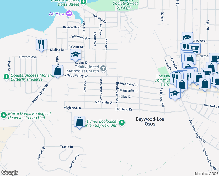 map of restaurants, bars, coffee shops, grocery stores, and more near 541 Woodland Drive in Baywood-Los Osos