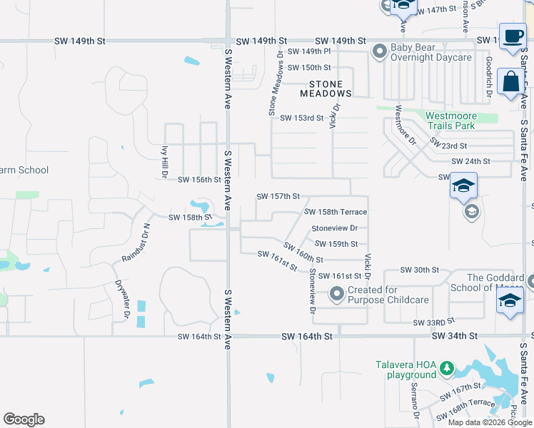 map of restaurants, bars, coffee shops, grocery stores, and more near 725 Southwest 158th Terrace in Oklahoma City