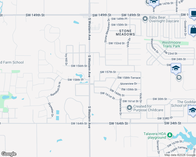 map of restaurants, bars, coffee shops, grocery stores, and more near 15821 Sandstone Terrace in Oklahoma City