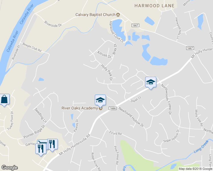 map of restaurants, bars, coffee shops, grocery stores, and more near 11517 Northwoods Forest Drive in Charlotte