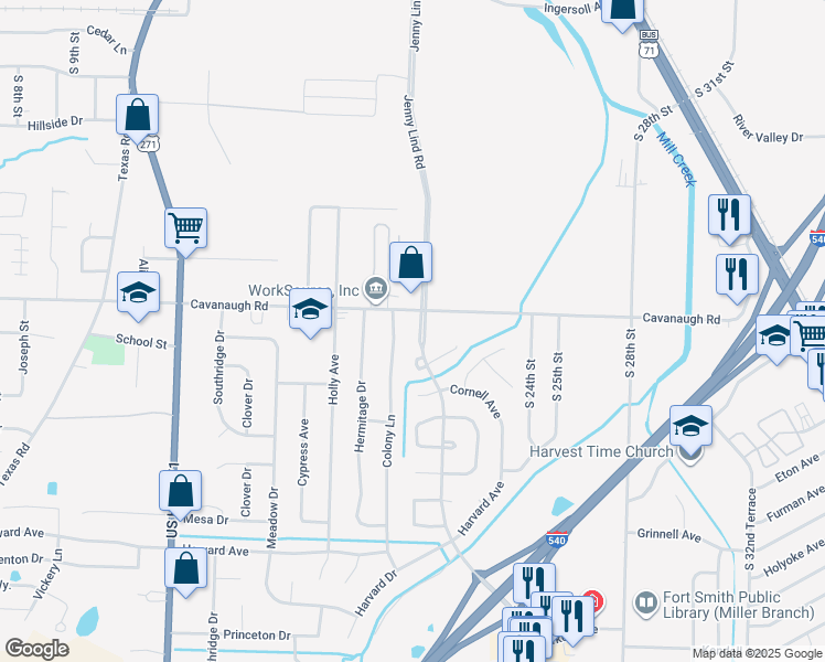 map of restaurants, bars, coffee shops, grocery stores, and more near 7716 Jenny Lind Road in Fort Smith