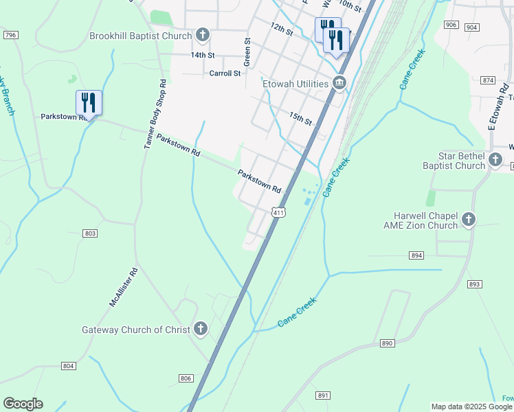 map of restaurants, bars, coffee shops, grocery stores, and more near 133 County Road 812 in Etowah