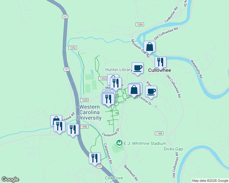 map of restaurants, bars, coffee shops, grocery stores, and more near 245 Memorial Drive in Cullowhee