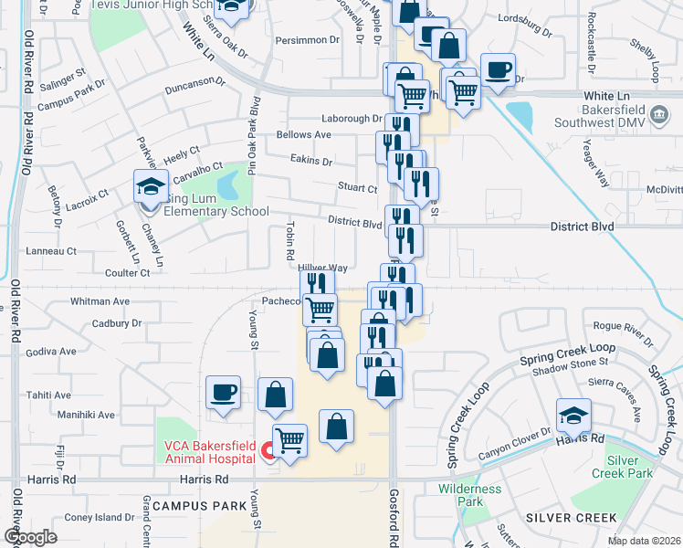 map of restaurants, bars, coffee shops, grocery stores, and more near 8205 Hillyer Way in Bakersfield