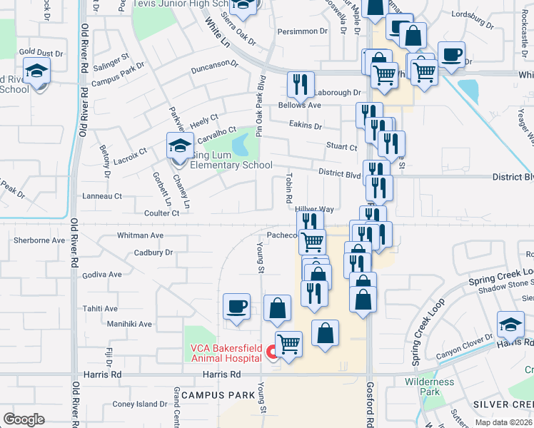 map of restaurants, bars, coffee shops, grocery stores, and more near 8613 Worrell Court in Bakersfield