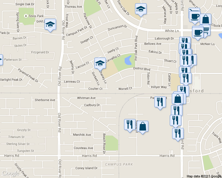 map of restaurants, bars, coffee shops, grocery stores, and more near 9008 Coulter Court in Bakersfield