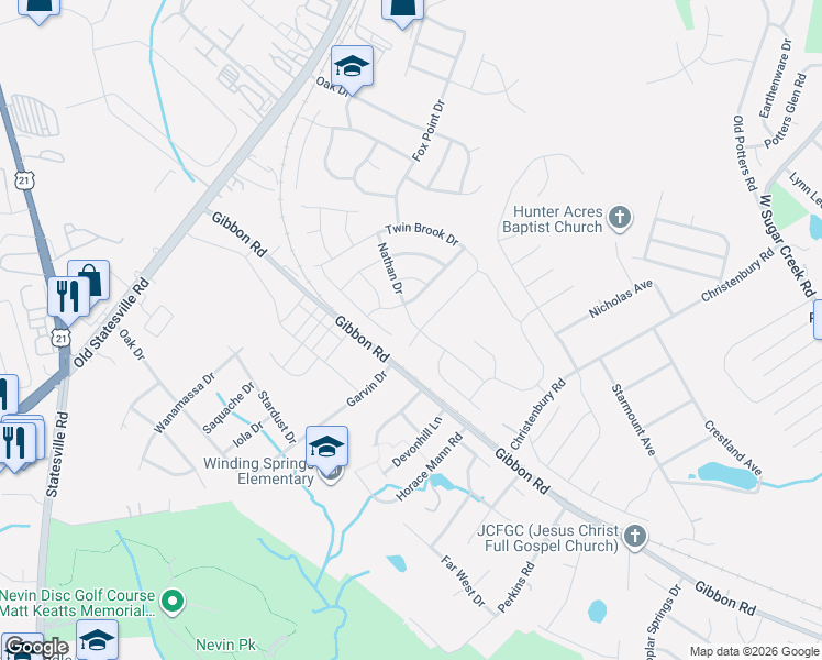 map of restaurants, bars, coffee shops, grocery stores, and more near 4350 Gibbon Road in Charlotte