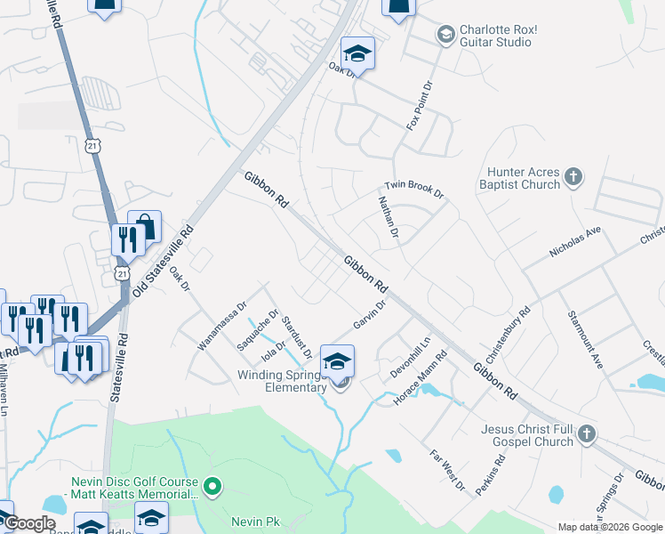 map of restaurants, bars, coffee shops, grocery stores, and more near 4411 Gibbon Road in Charlotte