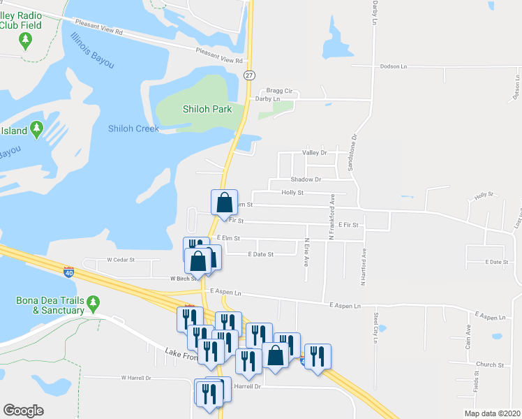 map of restaurants, bars, coffee shops, grocery stores, and more near 300 East Gum Street in Russellville