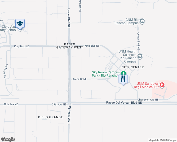 map of restaurants, bars, coffee shops, grocery stores, and more near Painted Hills Avenue Northeast in Rio Rancho