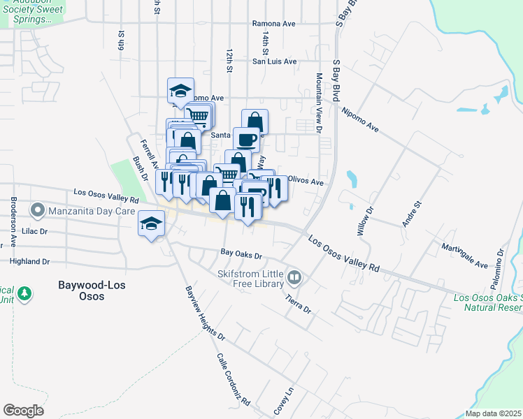 map of restaurants, bars, coffee shops, grocery stores, and more near 1236 Los Osos Valley Road in Baywood-Los Osos