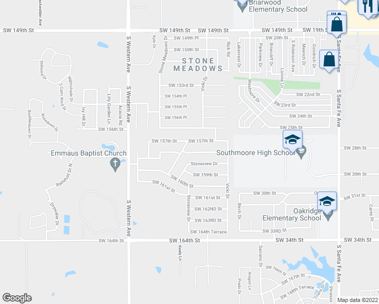 map of restaurants, bars, coffee shops, grocery stores, and more near 621 Southwest 158th Terrace in Oklahoma City