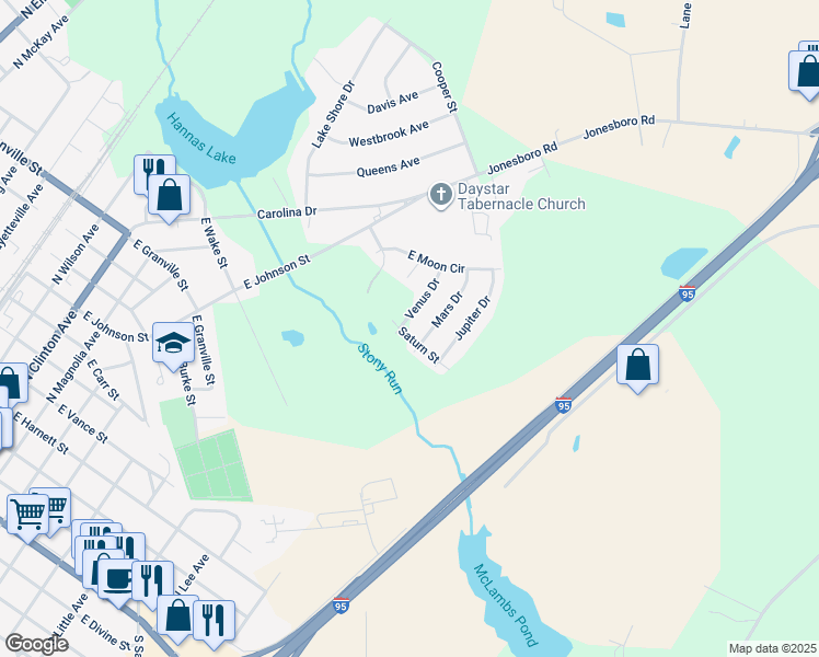 map of restaurants, bars, coffee shops, grocery stores, and more near 119 Venus Drive in Dunn