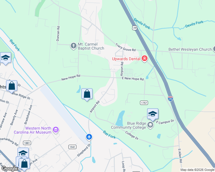 map of restaurants, bars, coffee shops, grocery stores, and more near 1153 Airport Road in Flat Rock