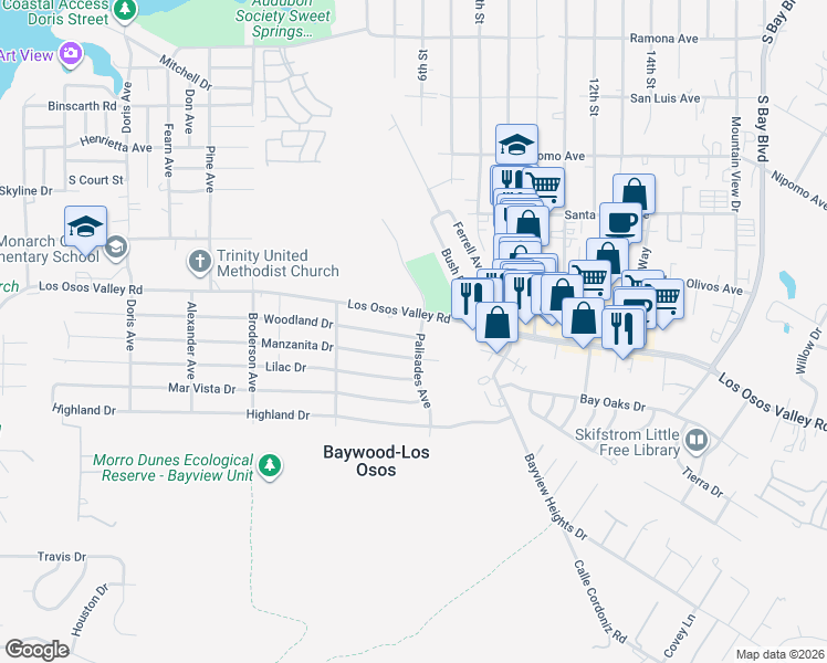 map of restaurants, bars, coffee shops, grocery stores, and more near 780 Woodland Drive in Baywood-Los Osos