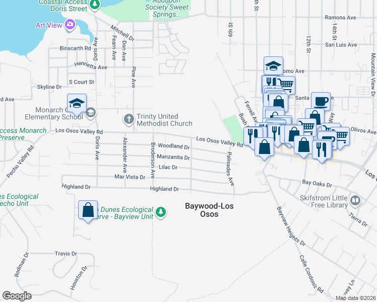 map of restaurants, bars, coffee shops, grocery stores, and more near 691 Woodland Drive in Baywood-Los Osos